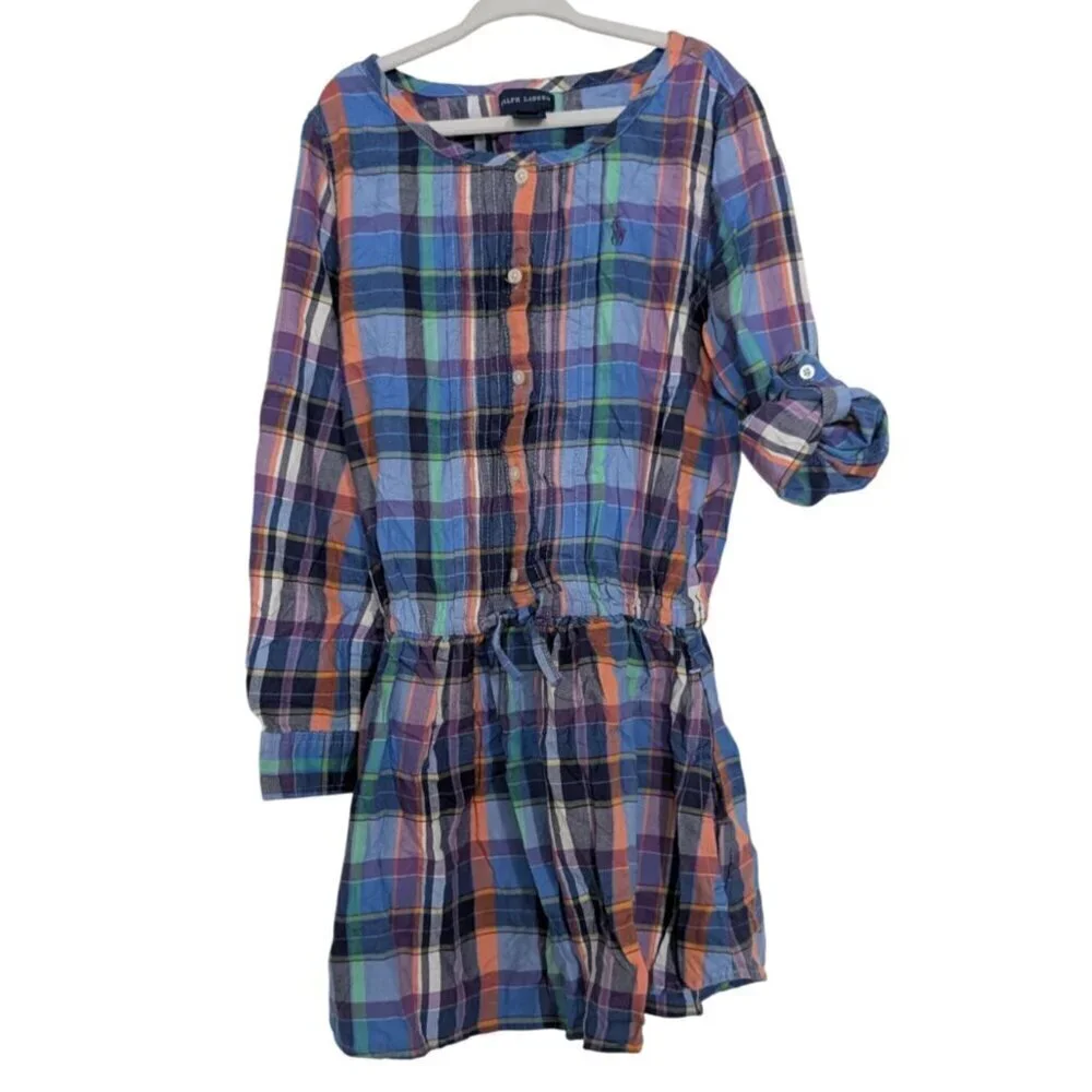 Ralph Lauren Plaid Dress Girls Size 6X Blue Roll Tab Sleeves Long Sleeve Preppy
